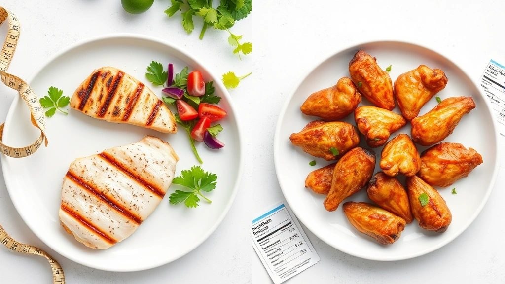 Nutritional comparison visual: split-screen showing grilled chicken breast fillet on one side and chicken wings on other side, both on white plates with measuring tape and nutrition cards nearby, clinical food styling
