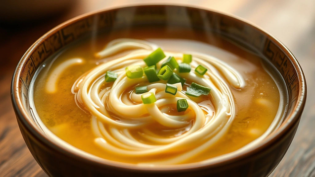 Steaming bowl of egg drop soup with silky egg ribbons swirling through clear golden broth, garnished with fresh green onions, soft focus warm lighting, professional food photography, no text or labels visible