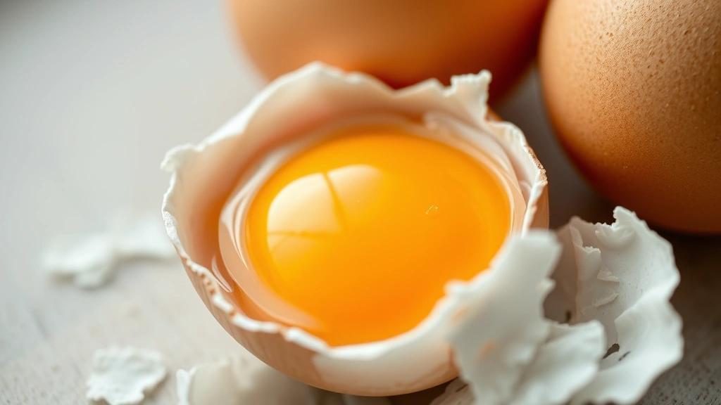 Close-up macro photography of raw eggs cracking open showing vibrant yolk and clear albumen, natural daylight, shallow depth of field highlighting egg components, clean minimalist composition without text