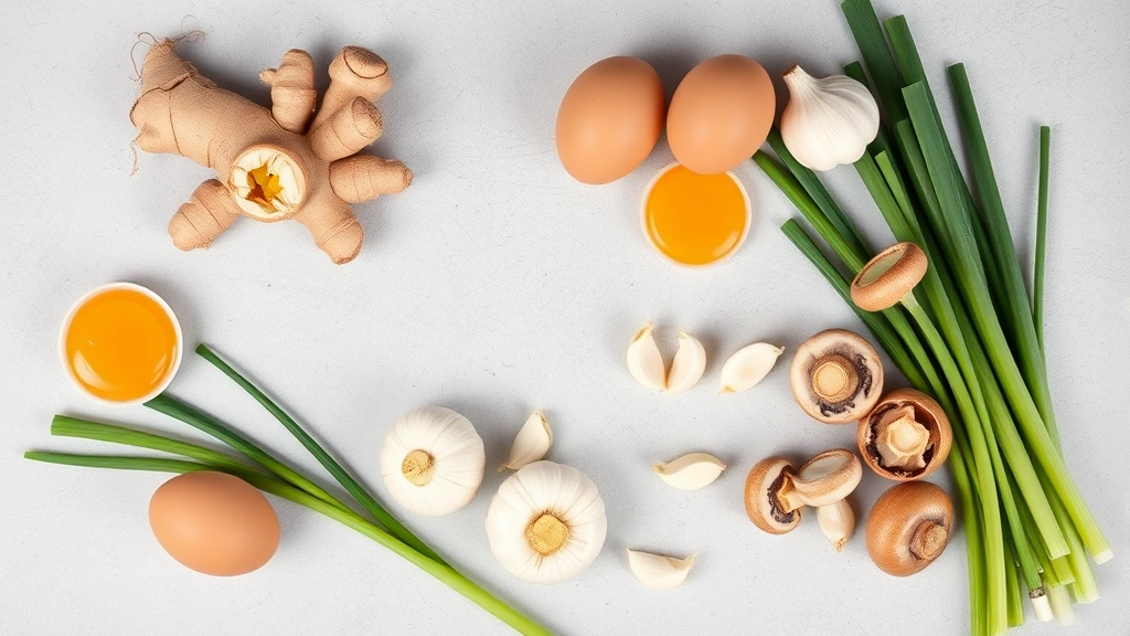 Overhead flat lay of fresh ingredients scattered artfully: fresh eggs, ginger root, garlic cloves, green onions, mushrooms on neutral background, natural lighting, professional food styling, no text or labels