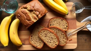 Overhead shot of freshly sliced banana bread on a wooden cutting board with ripe bananas and measuring cups nearby, warm natural lighting, rustic kitchen setting, no text visible