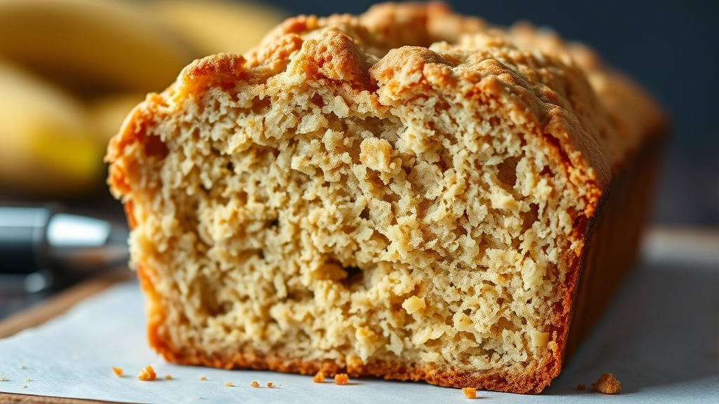Close-up of banana bread crumb structure showing texture and moisture, soft golden-brown interior with visible banana pieces, nutritionist's clipboard with pen in soft focus background, no labels or text