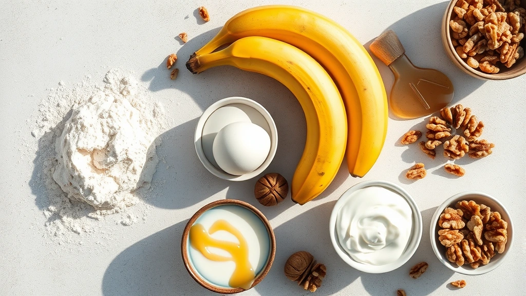 Flat lay composition of banana bread ingredients arranged artfully—whole wheat flour, eggs, bananas, honey drizzle, walnuts, and yogurt—minimalist style with natural shadows, no nutrition labels or text visible