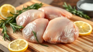 Raw chicken thighs on a wooden cutting board with fresh rosemary and lemon slices, professional culinary lighting, shallow depth of field highlighting the meat texture