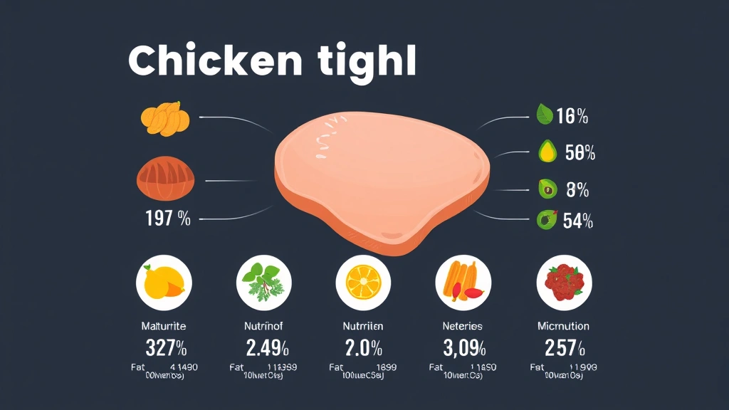 Nutritional information visualization showing chicken thigh macronutrients and micronutrients, clean modern design with colorful nutrient icons and percentages, infographic style