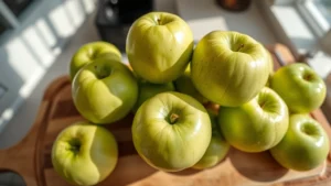 Overhead shot of fresh green Granny Smith apples in a modern kitchen with natural sunlight streaming across wooden cutting board, showcasing the distinctive bright green skin and crisp texture of the fruit