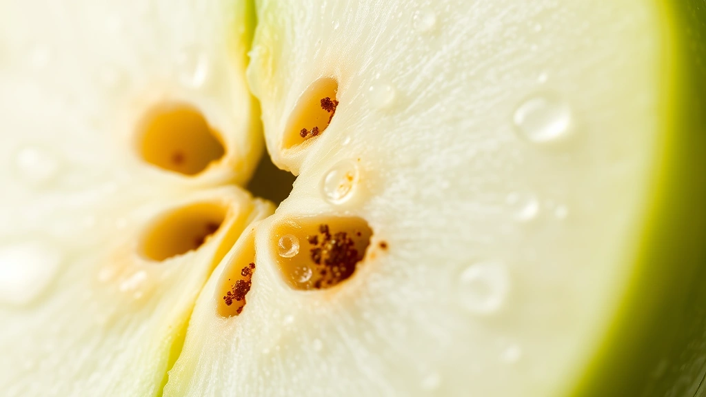 Close-up macro photography of a sliced Granny Smith apple showing the white flesh interior, subtle cellular structure, and bright green skin with water droplets, emphasizing natural freshness and crispness