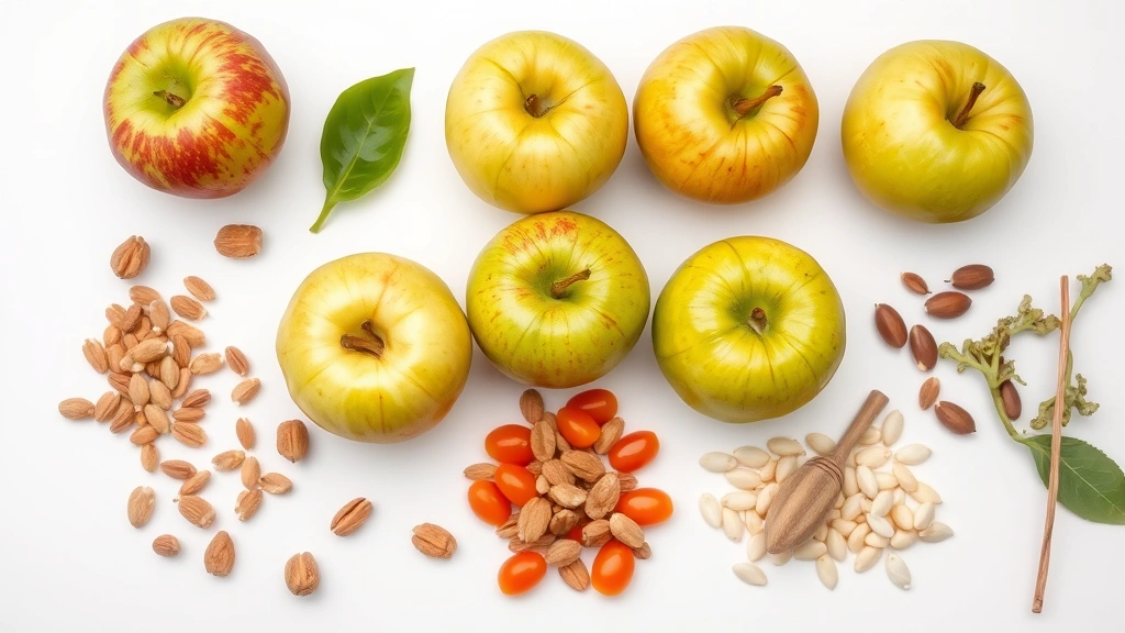 Flat lay composition of Granny Smith apples arranged with other whole foods like nuts, seeds, and vegetables on a minimalist white background, representing balanced nutrition and healthy eating patterns