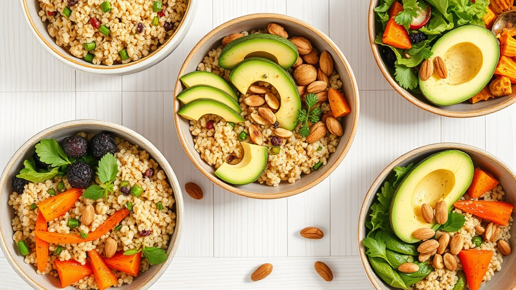 Overhead shot of colorful superfood bowls containing quinoa, roasted vegetables, avocado slices, and nuts arranged on a light wooden surface with natural daylight illumination, no text or labels visible, photorealistic styling