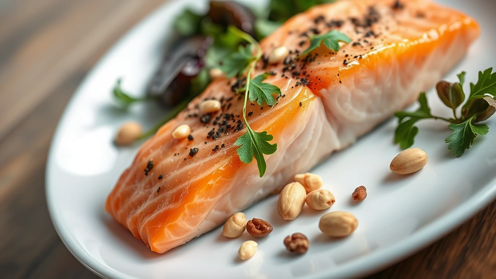 Close-up of fresh salmon fillet, dark leafy greens, and mixed nuts artfully arranged on a white ceramic plate, bright natural lighting, photorealistic food photography with shallow depth of field, no nutritional labels or text