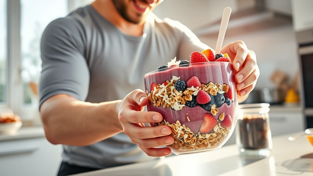Dynamic scene of a fit person preparing a smoothie bowl with layered berries, granola, coconut flakes, and seeds in a bright modern kitchen, sunlit from window, photorealistic, no visible text on products or containers