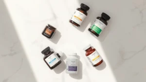 Overhead flat lay of five supplement bottles arranged in a circle on white marble countertop, morning sunlight streaming across, minimalist wellness aesthetic, photorealistic, no labels visible