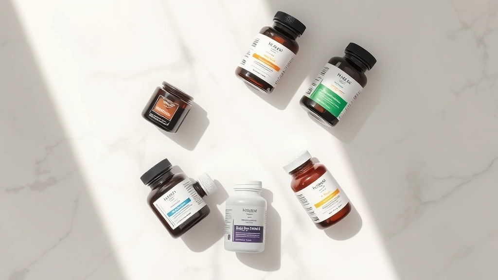Overhead flat lay of five supplement bottles arranged in a circle on white marble countertop, morning sunlight streaming across, minimalist wellness aesthetic, photorealistic, no labels visible