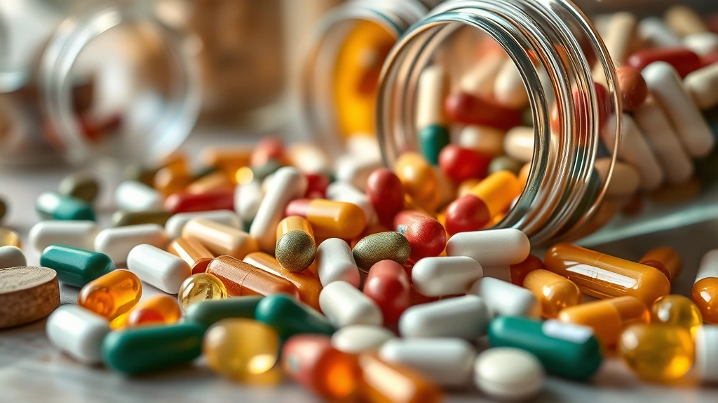 Close-up of diverse supplement capsules and tablets in various shapes spilling from glass containers, shallow depth of field, warm natural lighting, health-focused composition, no text elements