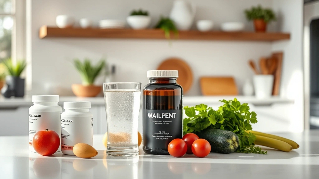 Modern home wellness scene with supplement bottles, water glass, and fresh vegetables on kitchen counter, bright natural light, contemporary lifestyle photography, professional nutritional setting