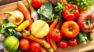 Close-up of colorful fresh vegetables and fruits arranged on a wooden cutting board, natural morning light streaming across, representing whole food nutrition sources