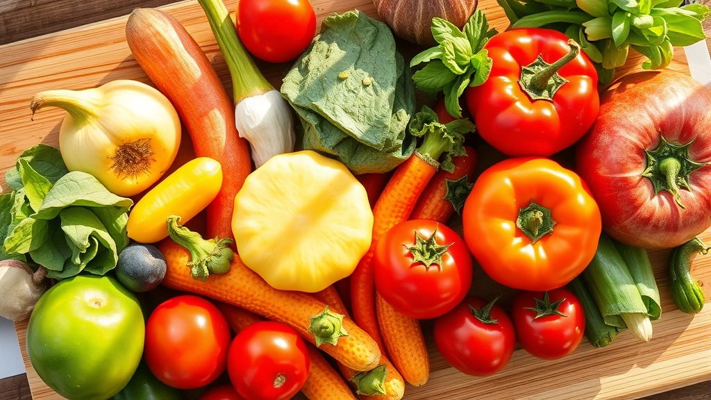 Close-up of colorful fresh vegetables and fruits arranged on a wooden cutting board, natural morning light streaming across, representing whole food nutrition sources