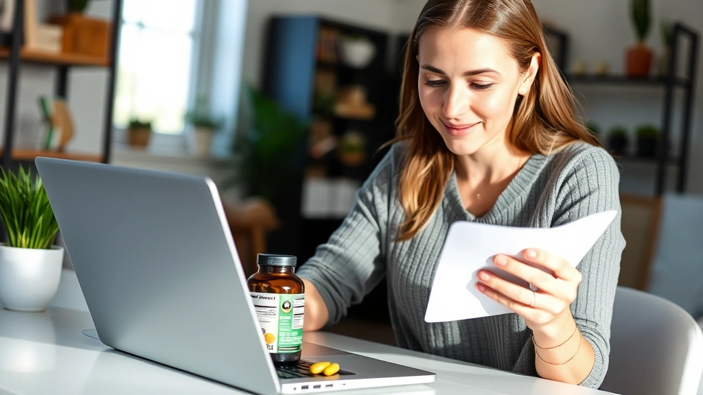 Woman reading nutrition label on supplement bottle while researching on laptop, bright home office setting, focused on informed health decisions