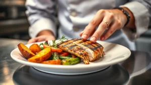 Professional chef plating grilled chicken breast with roasted vegetables and sweet potato on modern white plate, warm kitchen lighting, shallow depth of field, food photography style, vibrant colors emphasizing freshness
