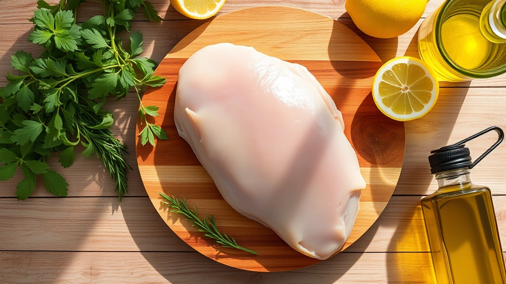 Overhead view of raw chicken breast on wooden cutting board surrounded by fresh herbs, lemon halves, and olive oil bottle, natural daylight streaming across wooden surface, minimalist composition highlighting ingredient quality