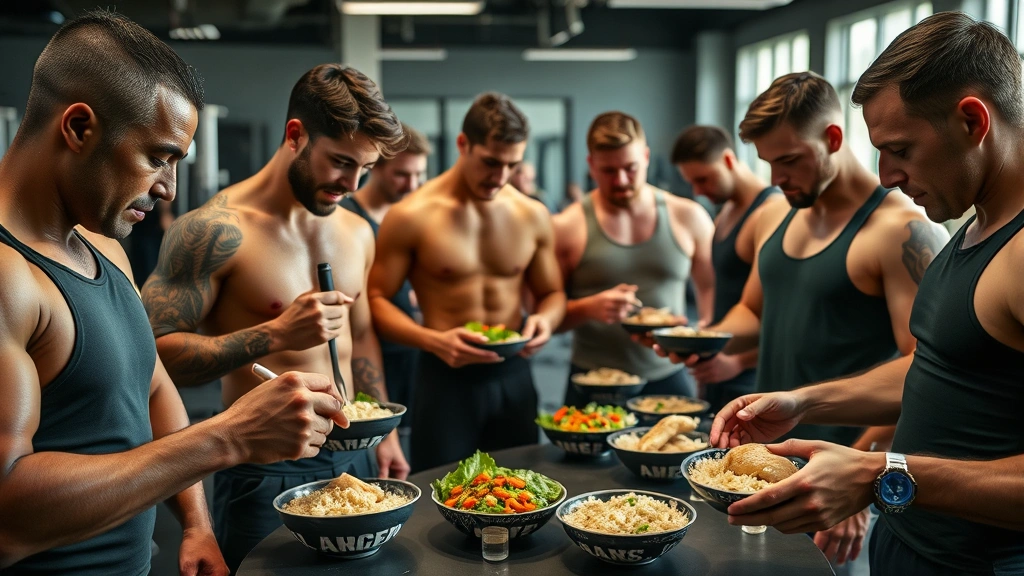 Diverse group of athletes in gym setting consuming protein-rich meals containing chicken breast, bowls of rice and vegetables visible, natural gym lighting, candid lifestyle photography showing meal preparation and nutrition focus