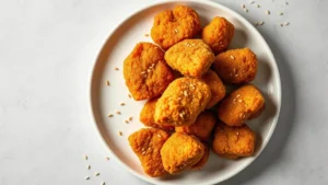 Overhead flat lay of golden-brown chicken nuggets on a white ceramic plate with scattered sesame seeds, professional food photography lighting, minimalist composition, no text visible, fresh perspective