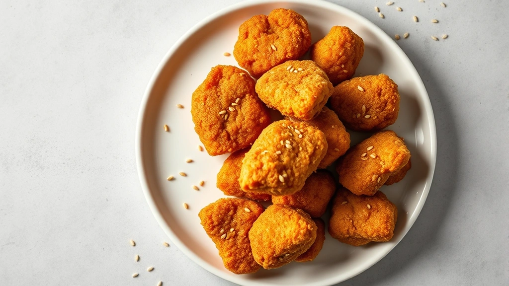 Overhead flat lay of golden-brown chicken nuggets on a white ceramic plate with scattered sesame seeds, professional food photography lighting, minimalist composition, no text visible, fresh perspective