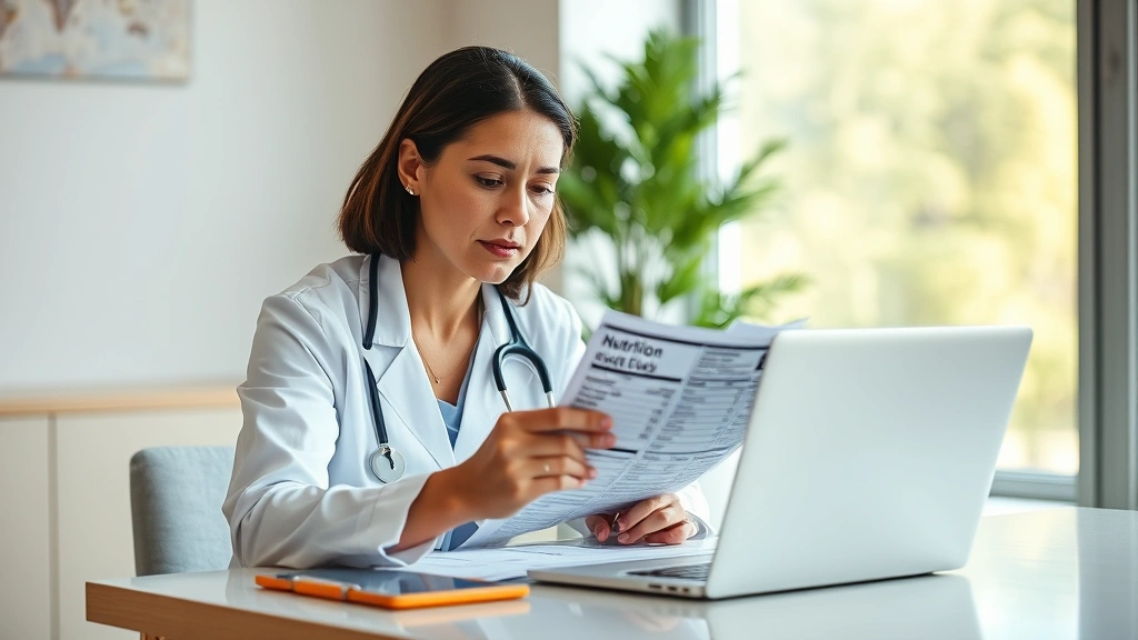 Registered dietitian reviewing nutrition facts labels at a modern desk with laptop and clipboard, natural window lighting, professional healthcare setting, focused expression analyzing data, no screens showing text