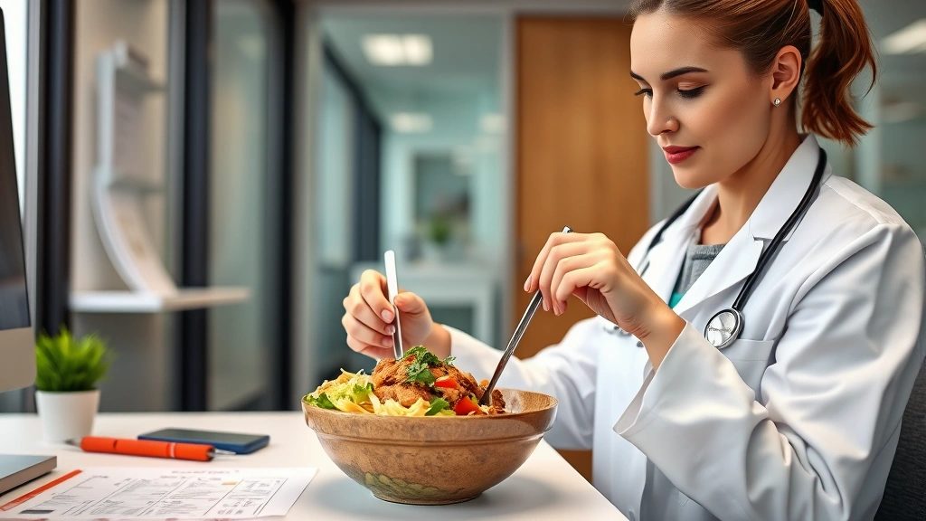 Professional dietitian or nutritionist analyzing a Chipotle chicken bowl in a modern clinic office, wearing white coat, examining bowl with measuring tools and nutrition chart visible on desk, natural lighting, focused expression