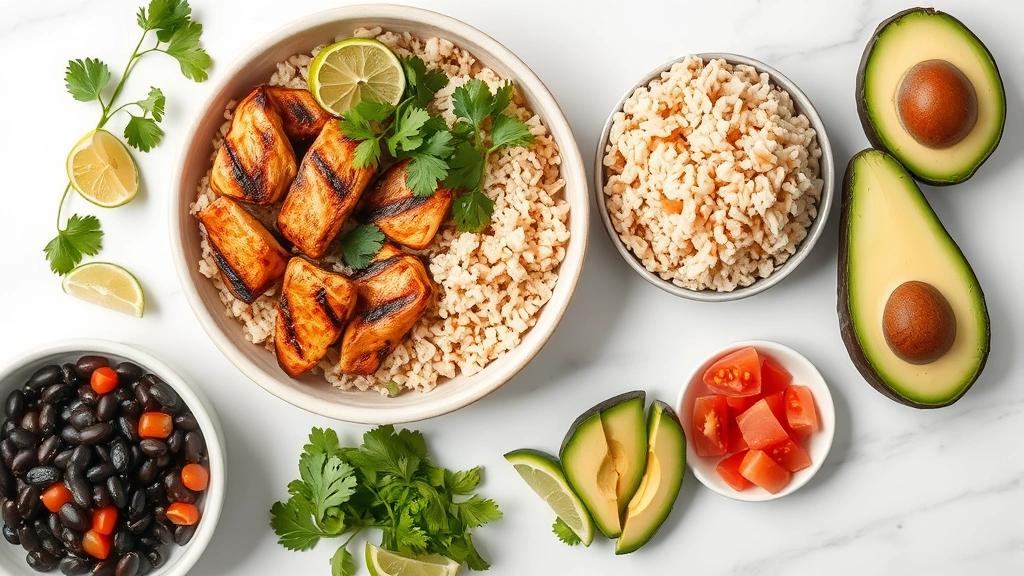 Overhead flat lay of deconstructed Chipotle chicken bowl components arranged separately - grilled chicken pieces, brown rice, black beans, fresh cilantro, lime wedges, diced tomatoes, avocado slices on white marble surface, professional food photography styling