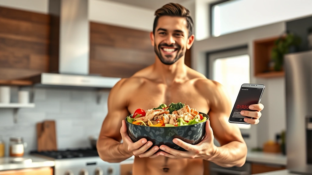Fit person holding a customized Chipotle chicken bowl in modern kitchen, smiling, bowl filled with vegetables and lean protein, nutrition tracking app visible on smartphone nearby, bright natural window lighting, healthy lifestyle aesthetic