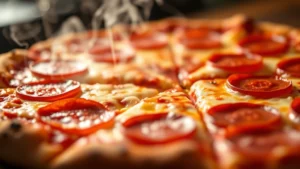 Close-up of freshly sliced pepperoni pizza with melted cheese, steam rising, professional food photography lighting, shallow depth of field, warm amber tones, no visible text or branding
