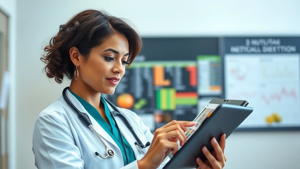 Registered dietitian in clinical setting reviewing nutritional data on tablet, colorful nutrition charts visible but blurred, natural lighting, professional healthcare environment, diverse representation