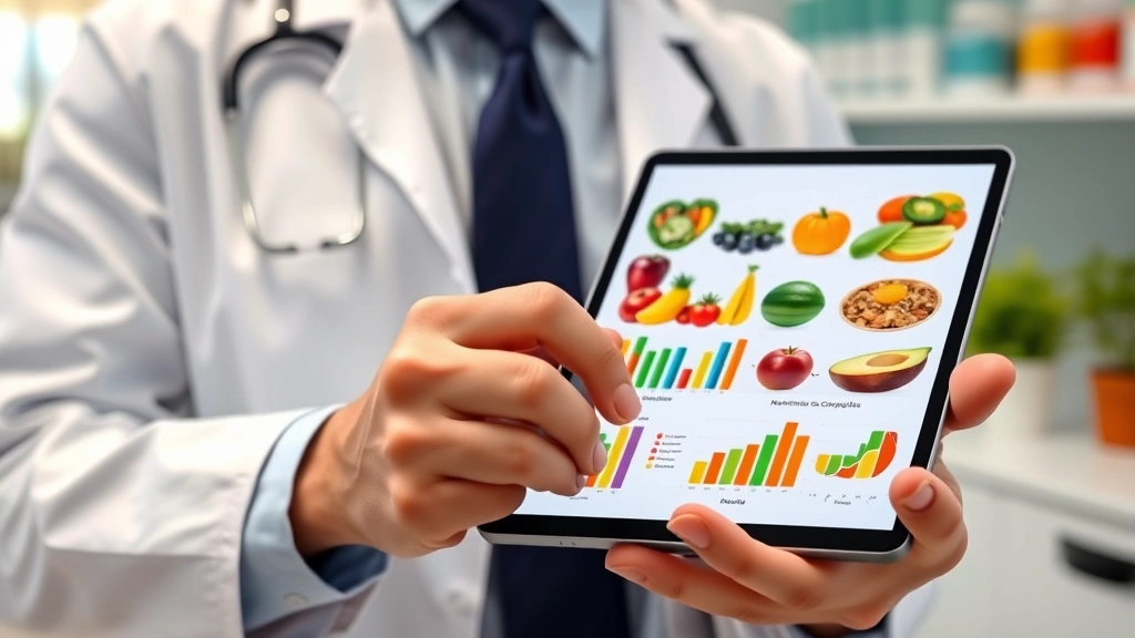 Professional nutritionist analyzing food composition on modern digital tablet in bright clinic setting, displaying colorful nutrient data charts and graphs, close-up of hands reviewing documentation