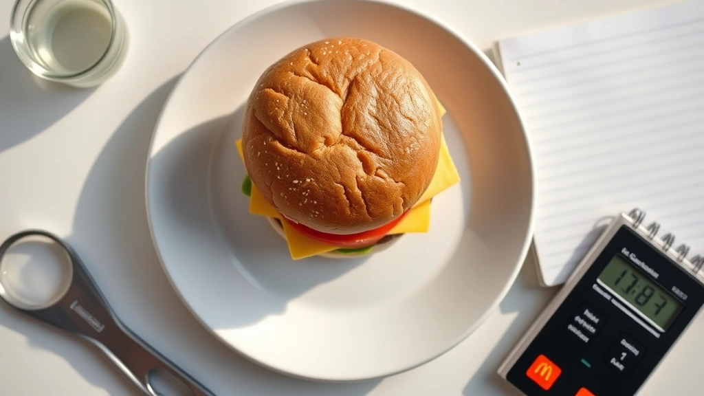 Overhead shot of McDonald's McDouble sandwich on white plate with scientific measurement tools and calorie counter notebook beside it, clean minimalist composition with natural lighting