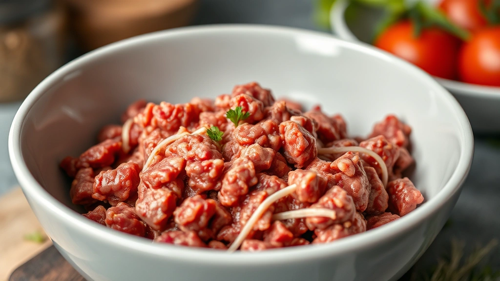 Close-up of raw ground beef in a modern kitchen bowl, showing texture and lean composition, natural lighting, photorealistic, no text visible