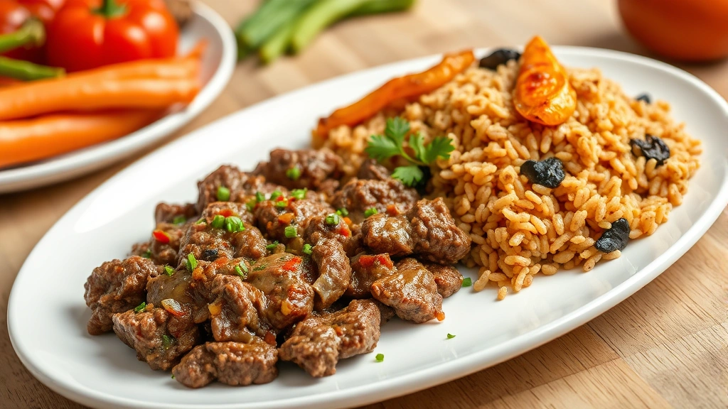 Prepared ground beef meal on white plate with roasted vegetables and brown rice, professional food photography, warm lighting, fresh ingredients visible