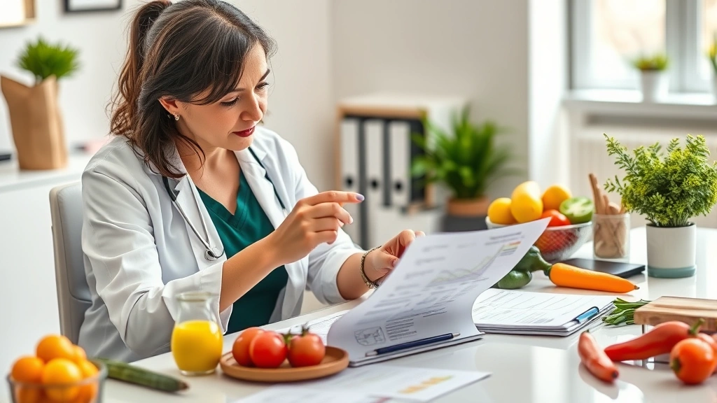 Nutritionist reviewing dietary guidelines documents and food charts at desk with healthy food items nearby, professional office setting, photorealistic