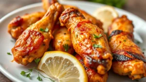 Close-up of golden-brown baked chicken wings on white plate with fresh herbs and lemon wedges, natural lighting, professional food photography