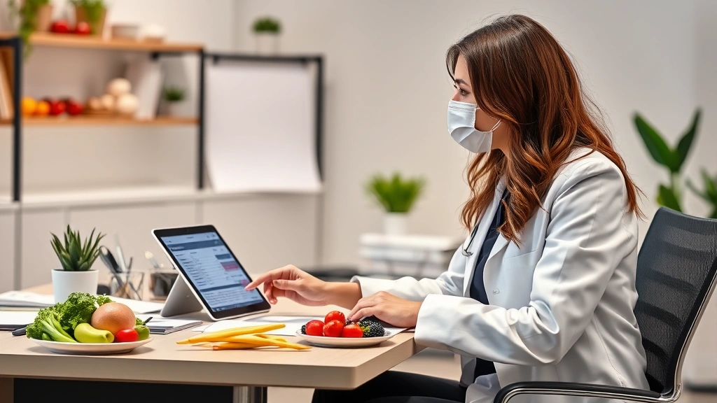 Nutritionist analyzing food labels and meal plans at modern desk with healthy ingredients visible, digital tablet showing nutrition data, professional office setting
