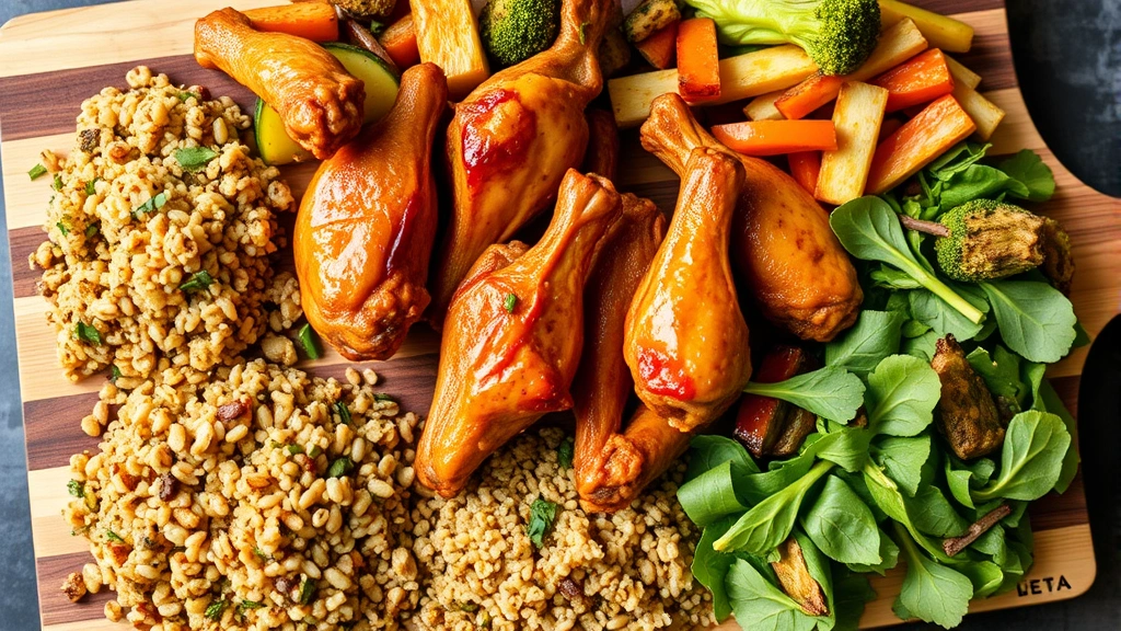 Colorful array of prepared chicken wings with various healthy side dishes including roasted vegetables, quinoa, and leafy greens on modern serving board