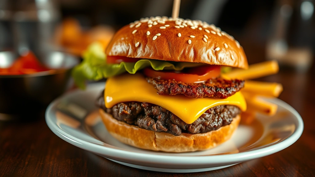 Close-up of a fresh beef burger with melted cheese and sesame seed bun on a modern white plate, professional food photography lighting, shallow depth of field, warm tones, no text or branding visible