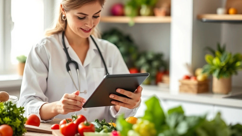 Nutritionist or dietitian reviewing food data on tablet with healthy meal prep ingredients visible in background, natural studio lighting, professional setting, clean workspace with fresh vegetables