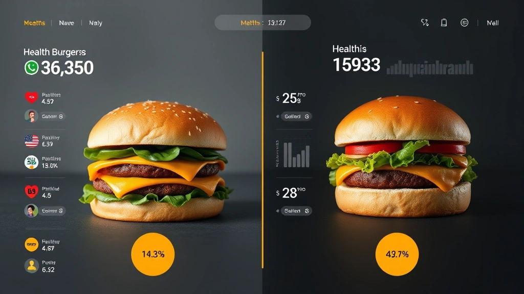 Split-screen comparison visualization showing different burger options with health metrics displayed, modern minimalist design aesthetic, digital health dashboard style, no interface screens or text overlays