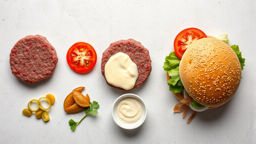 Overhead flat lay of burger ingredients arranged separately: beef patty, sesame bun, lettuce leaves, tomato slices, pickles, onion rings, mayo dollop, all on neutral surface with soft natural lighting
