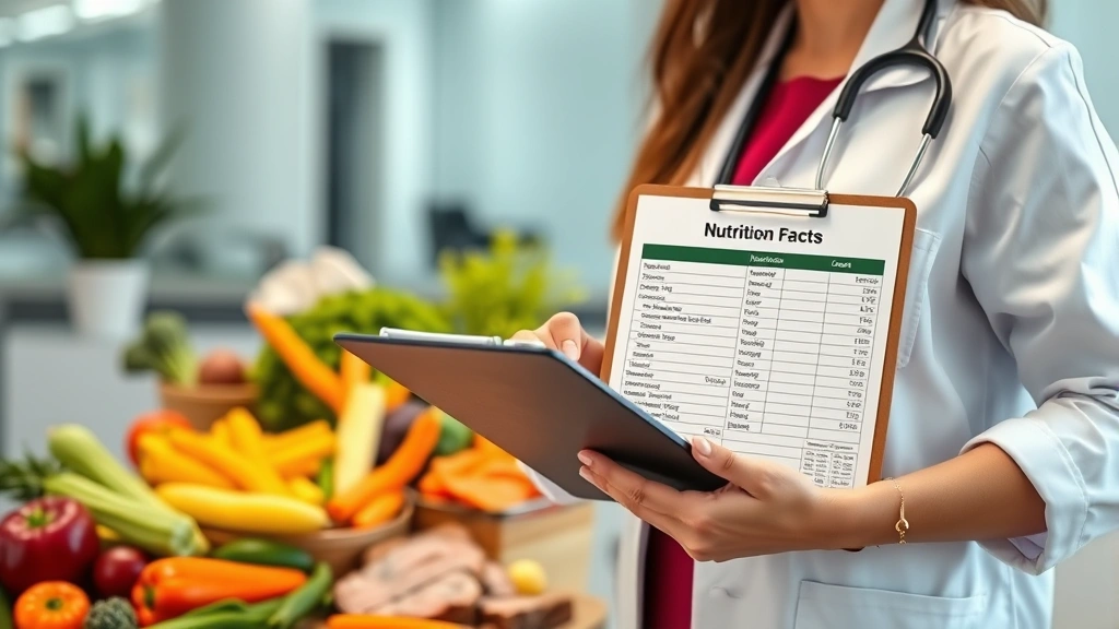 Nutritionist holding clipboard with nutrition facts chart, standing near colorful healthy food items including vegetables and lean proteins, modern clinic or office setting, professional healthcare environment