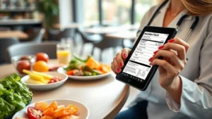 A registered dietitian reviewing nutrition facts on a tablet while seated at a modern restaurant table with healthy meal components arranged nearby, professional healthcare setting, natural lighting, close-up focus on the tablet screen showing nutrition data without visible text