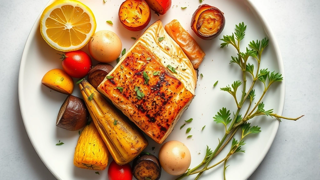 Overhead flat lay of grilled salmon fillet with roasted vegetables and herbs on a white plate, fresh lemon wedge, minimalist plating style, natural daylight photography, vibrant food colors, no labels or text visible