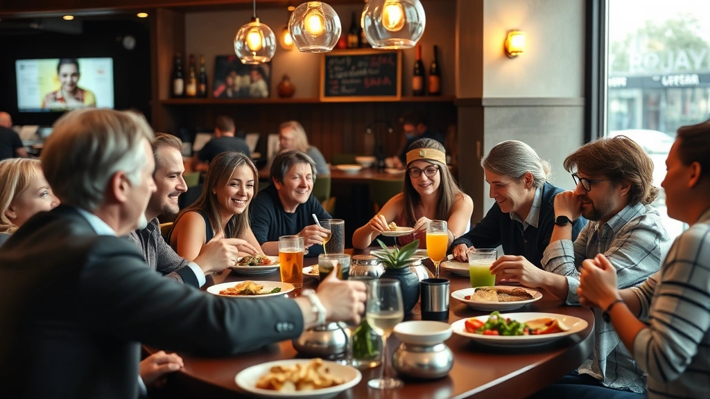 A diverse group of people dining together at a casual restaurant, enjoying meals with beverages, natural social interaction, warm ambient restaurant lighting, focus on table setting and meal presentation without visible menu or screen content