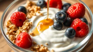 Close-up of creamy white Greek yogurt in a clear glass bowl with fresh mixed berries, granola, and honey drizzle artfully arranged, warm natural lighting, minimalist composition